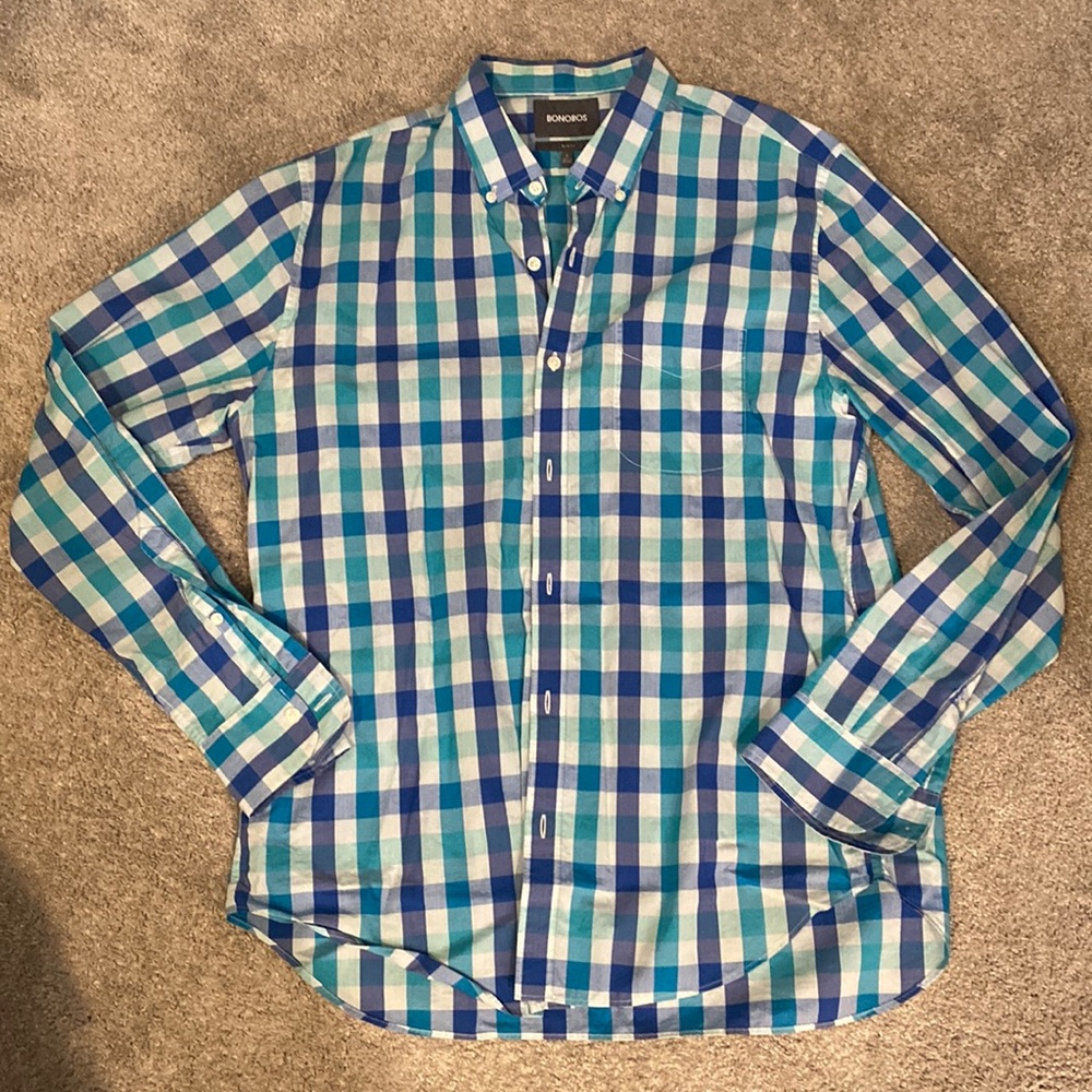 Bonobos Slim Fit Button Down Shirt, Plaid, Blue and Teal, Size L